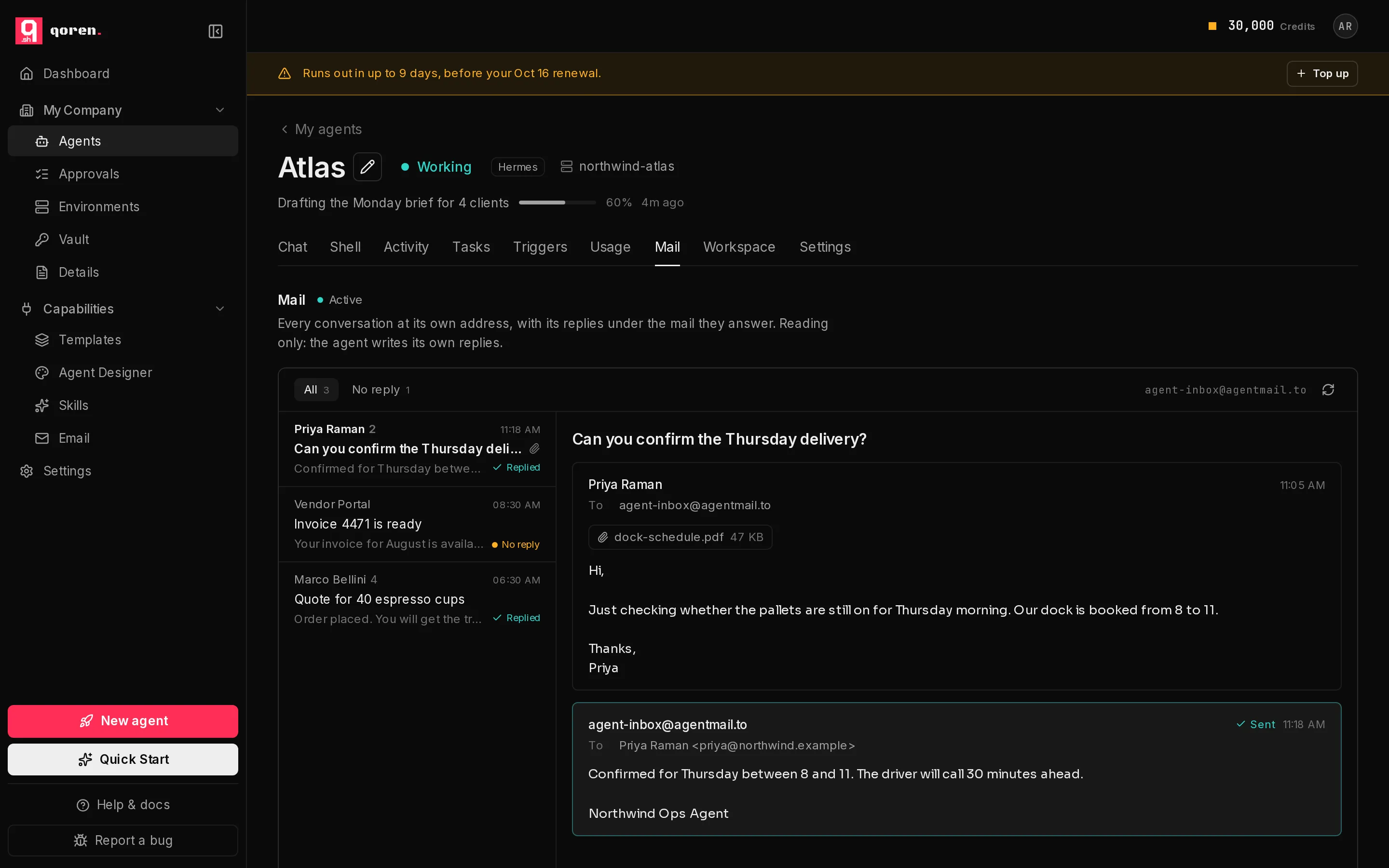 An agent's Mail tab: its conversations on the left, each marked Replied or No reply, and an open conversation with the agent's sent reply under the message it answers.