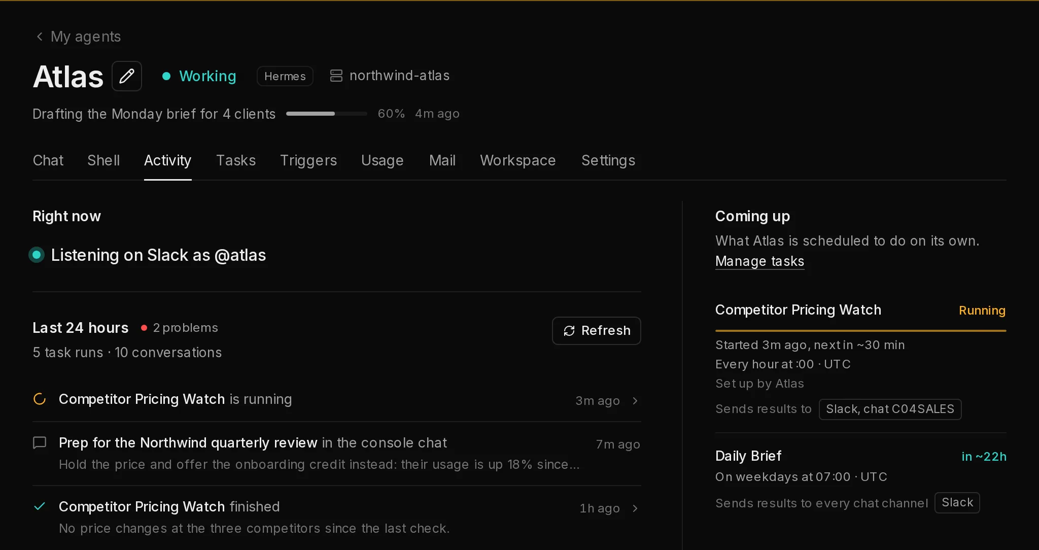 An agent's Activity tab: what it is doing right now, what is coming up, and everything it did in the last 24 hours.