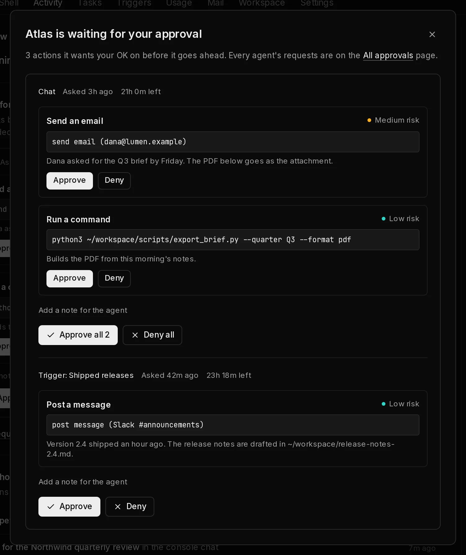 The dialog the approvals badge opens: Atlas is waiting for your approval, with each request decidable in place and a link to all approvals.