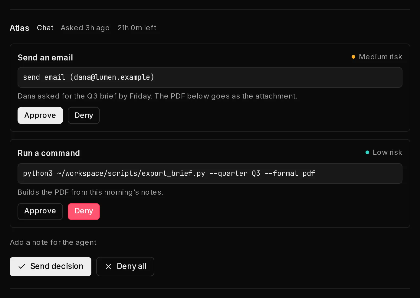 A chat request from Atlas that proposes two actions at once, an email and a command, each with its own Approve and Deny choice, and a button to send the whole decision.