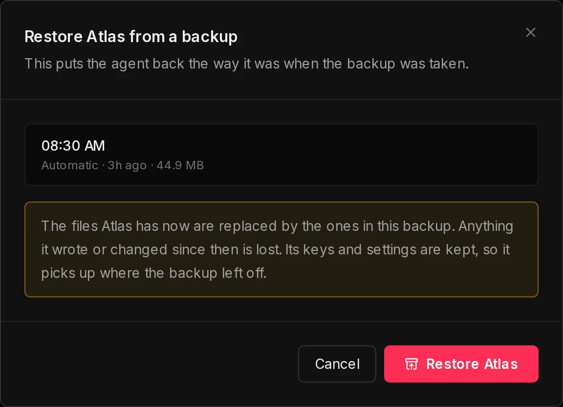 The Restore Atlas from a backup dialog, showing the chosen backup, a warning that newer files are replaced, and the Restore Atlas button.