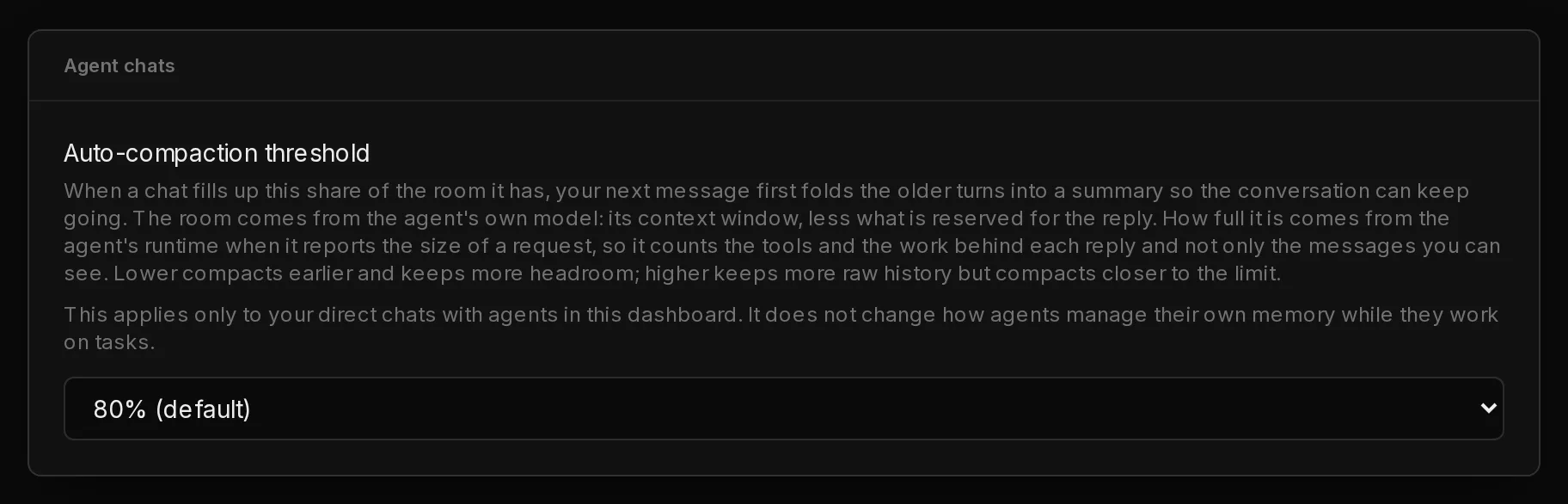 The Agent chats card in Settings with the Auto-compaction threshold menu.