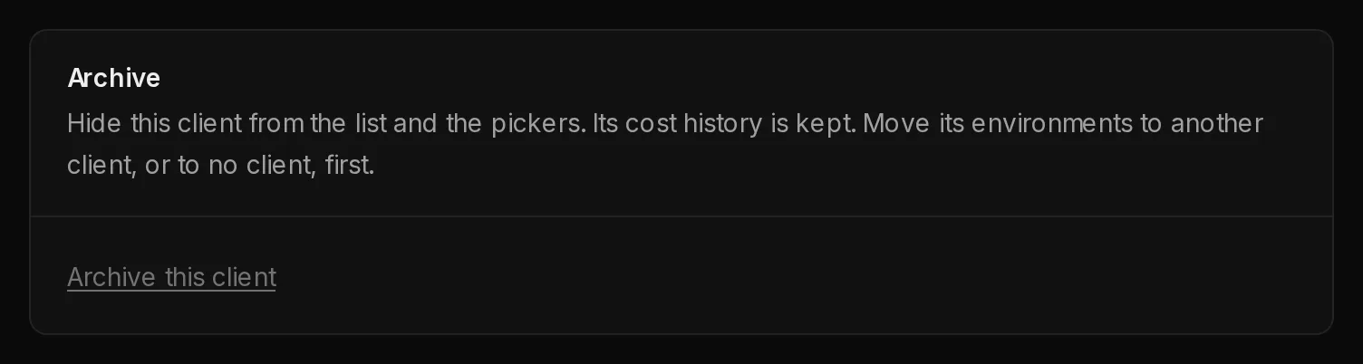 The Archive section on the Settings tab of a client's page, with the Archive this client link.