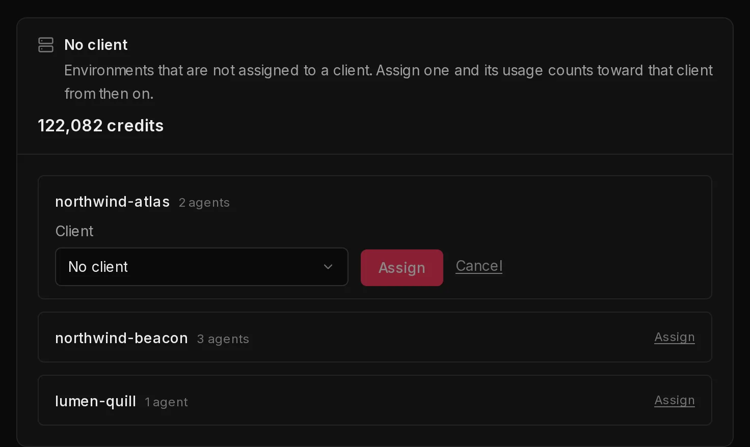 The No client list on the Clients page, with the Assign form open under one environment: a client menu and an Assign button.