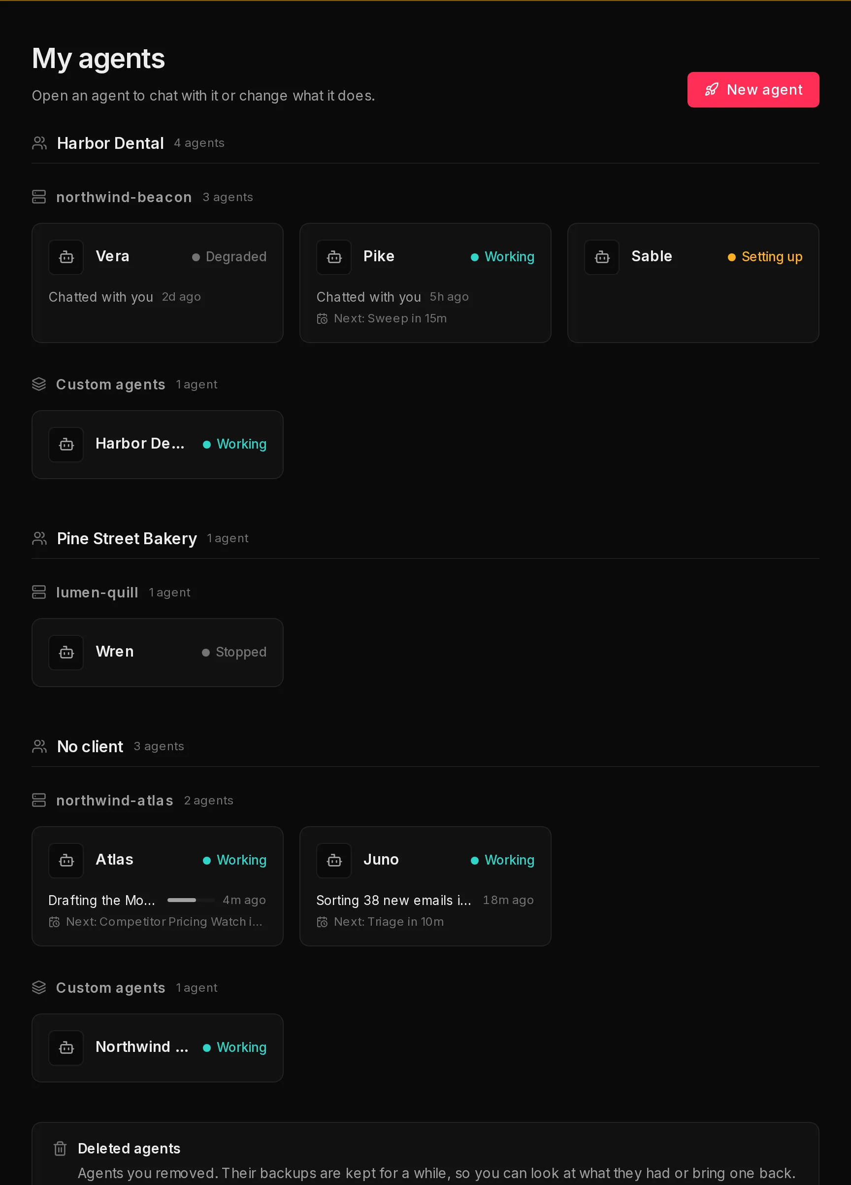 The Agents page grouped by client: each client heading with its environments and their agents underneath, and No client last.