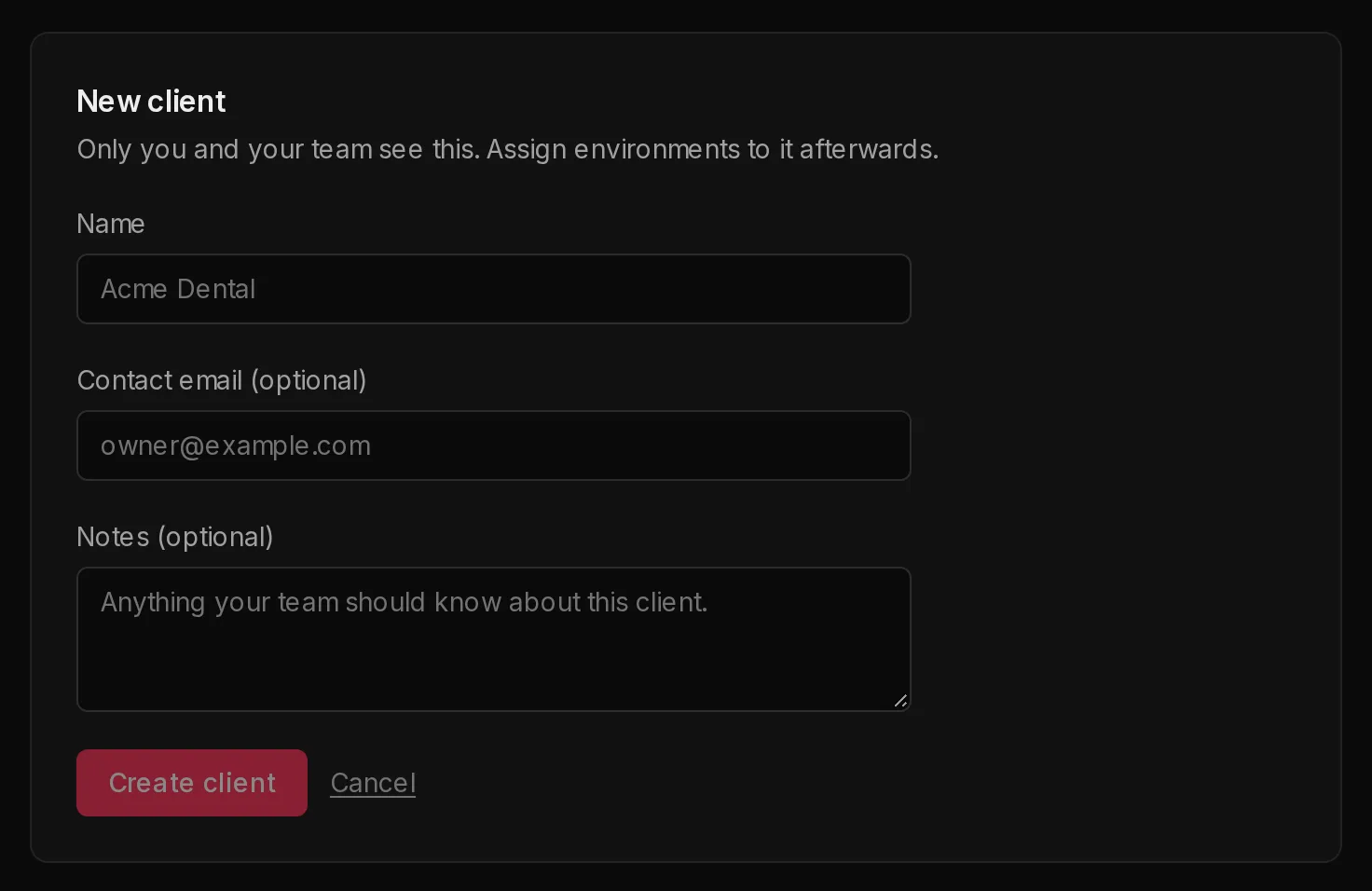 The New client form with fields for the client's name, an optional contact email and optional notes, and the Create client button.