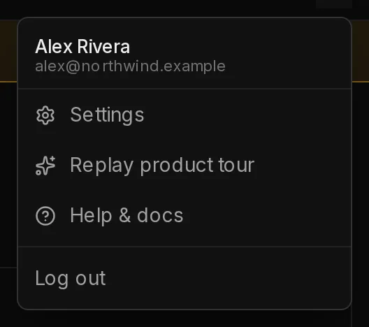 The account menu open under the avatar: your name and email, Settings, Replay product tour, Help and docs, and Log out.