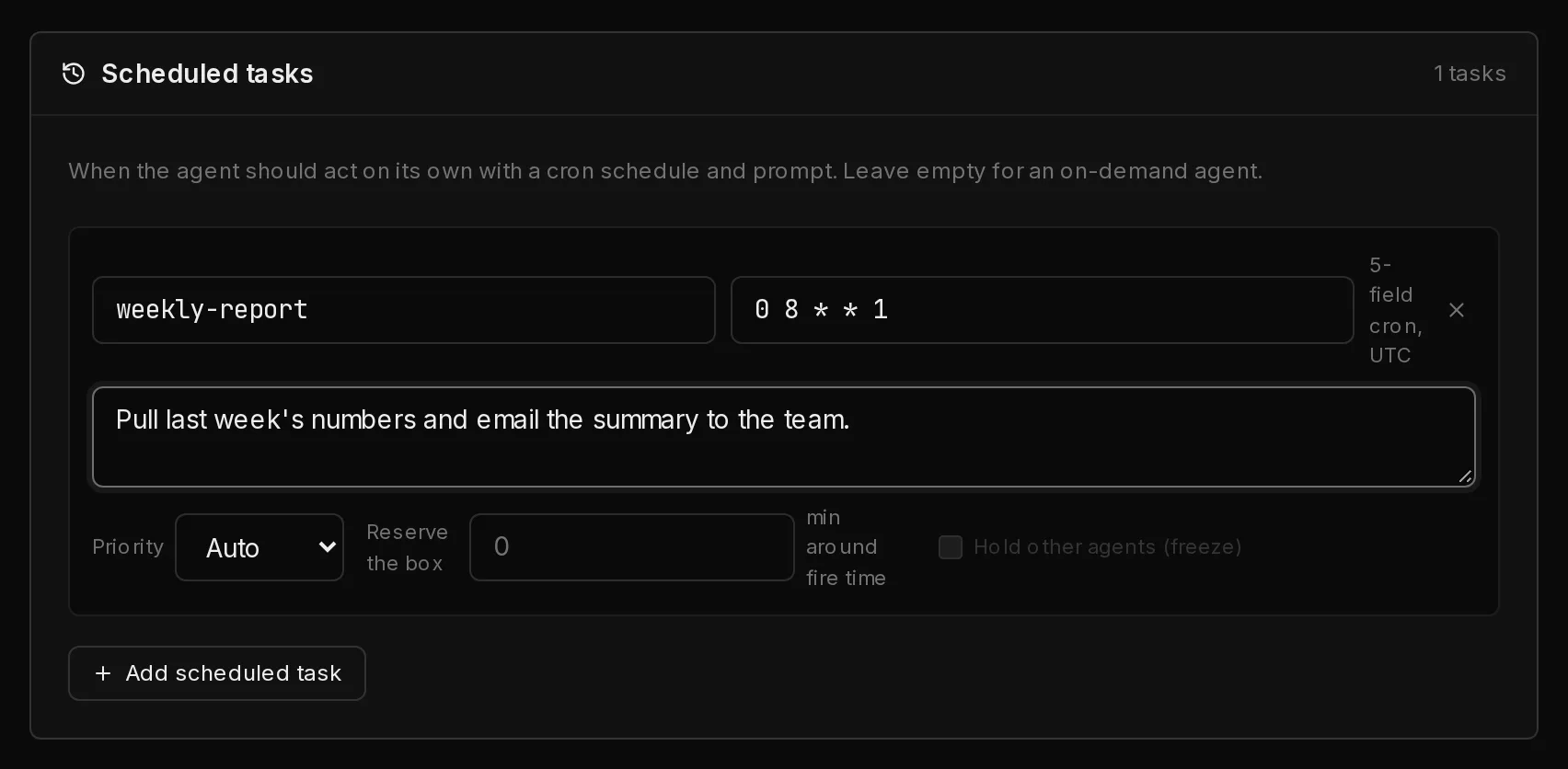 The Scheduled tasks step of the template editor with one task: a name, a cron schedule, the instruction to run, and priority options.
