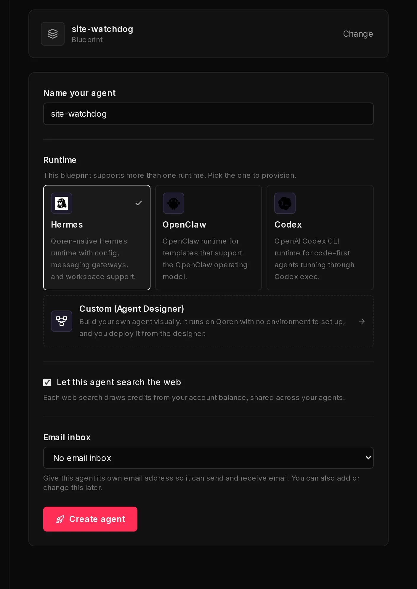 The second step of Create an agent for the site-watchdog template: the chosen blueprint, a Name your agent field, the runtime cards, and the Create agent button.