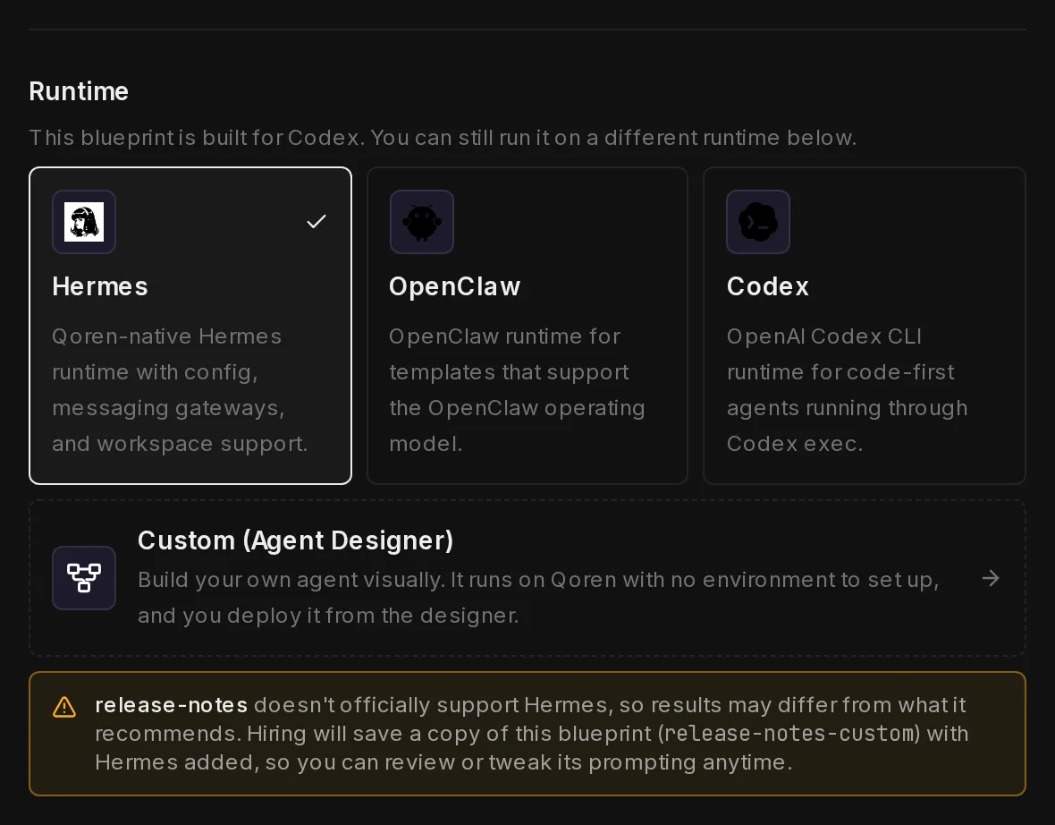 The runtime cards with Hermes picked for a template built for Codex, and a warning that a copy of the template will be saved with Hermes added.
