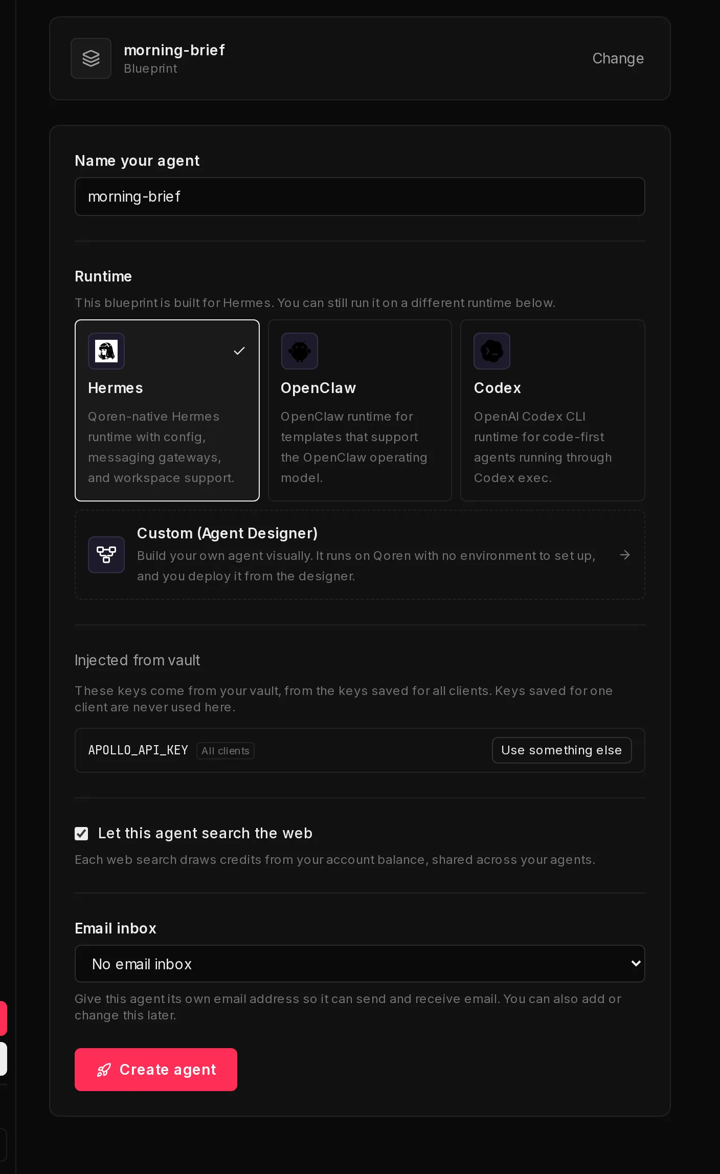 The second step of Create an agent: the chosen blueprint, the client picker, the agent's name, the runtime cards, web search and the Create agent button.