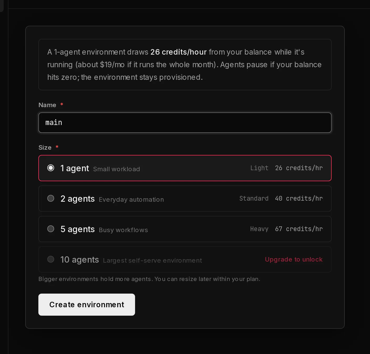 The New environment form reached from Create an agent: the hourly credit note, the name field, the client picker, four sizes and the Create environment button.