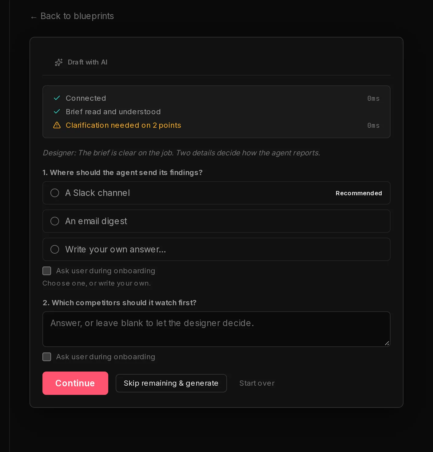 The AI designer asking two follow-up questions, one with suggested answers and a Recommended tag, each with an Ask user during onboarding checkbox.