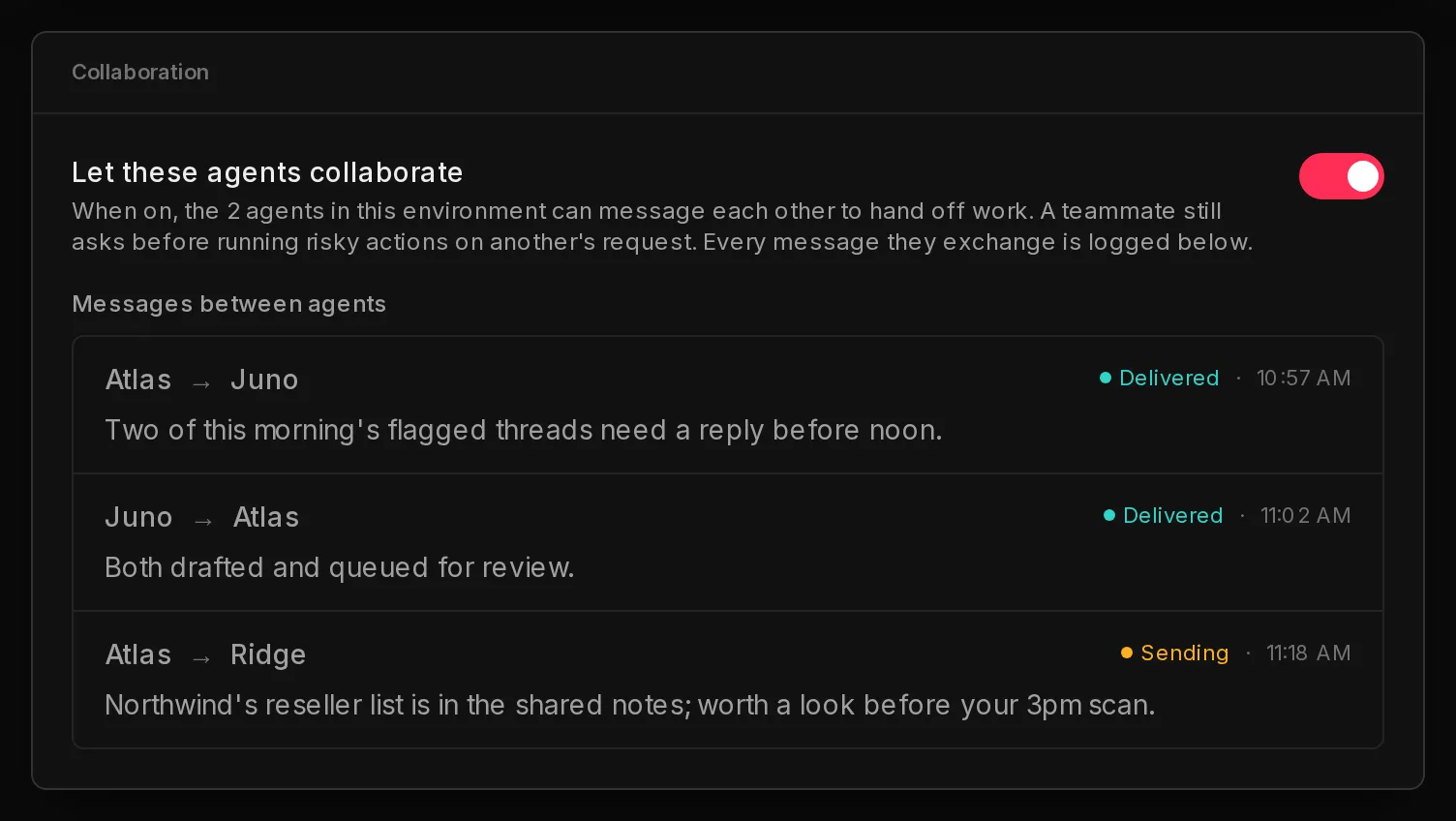 The Collaboration card on an environment's Agents tab, with the switch that lets its agents message each other and the log of their messages.