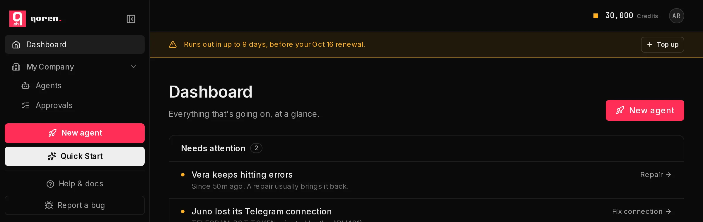 The top of the console: the credit balance in the top bar, and a warning strip underneath saying the balance runs out before the next renewal, with a Top up button.