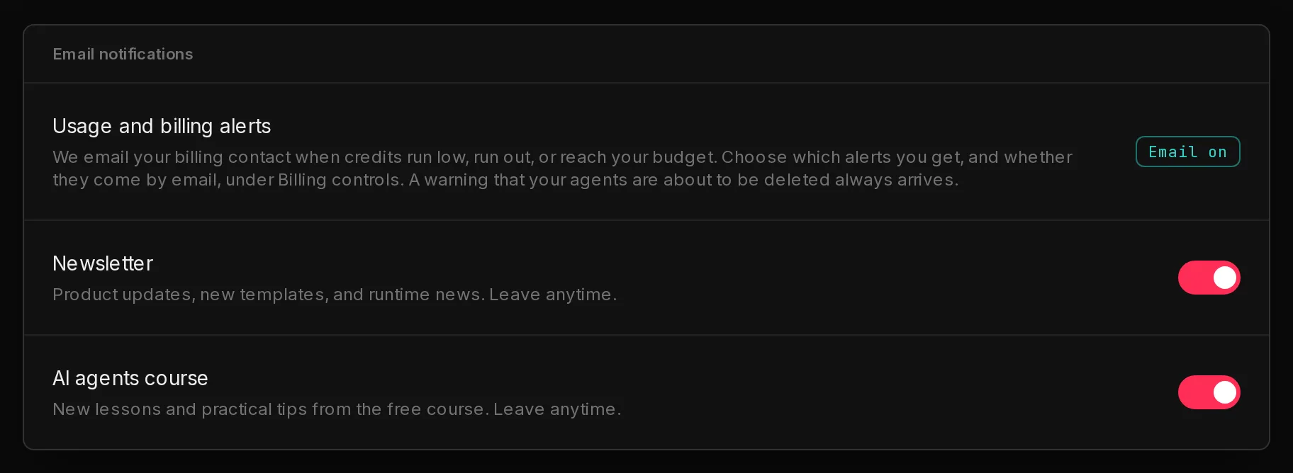 The Email notifications card: Usage and billing alerts tagged Email on, following Billing controls, and switches for the Newsletter and the AI agents course.