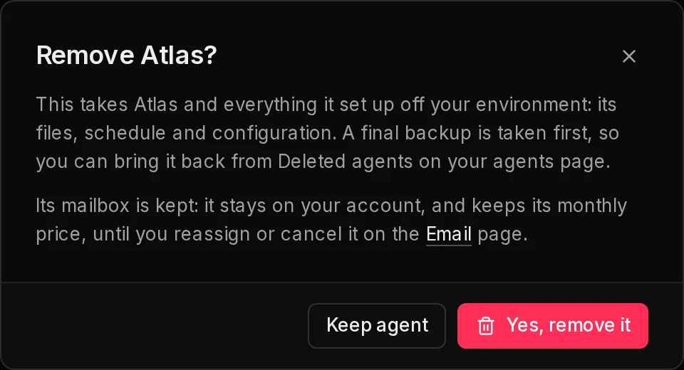 The Remove Atlas? confirmation, explaining that a final backup is taken first, with Keep agent and Yes, remove it buttons.