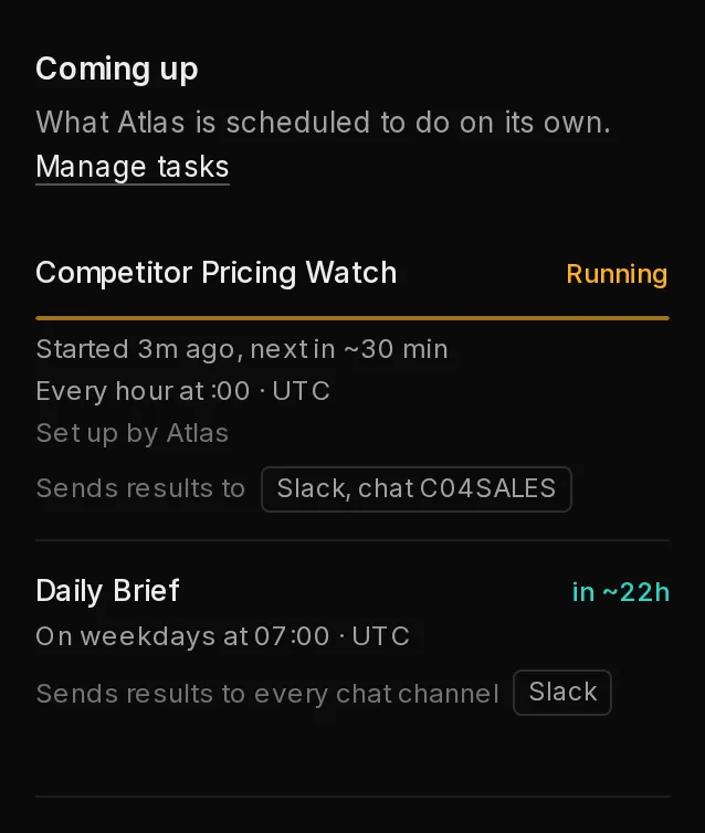 The Coming up section on an agent's Activity tab, listing its scheduled tasks with their cadence, time zone and when each runs next.