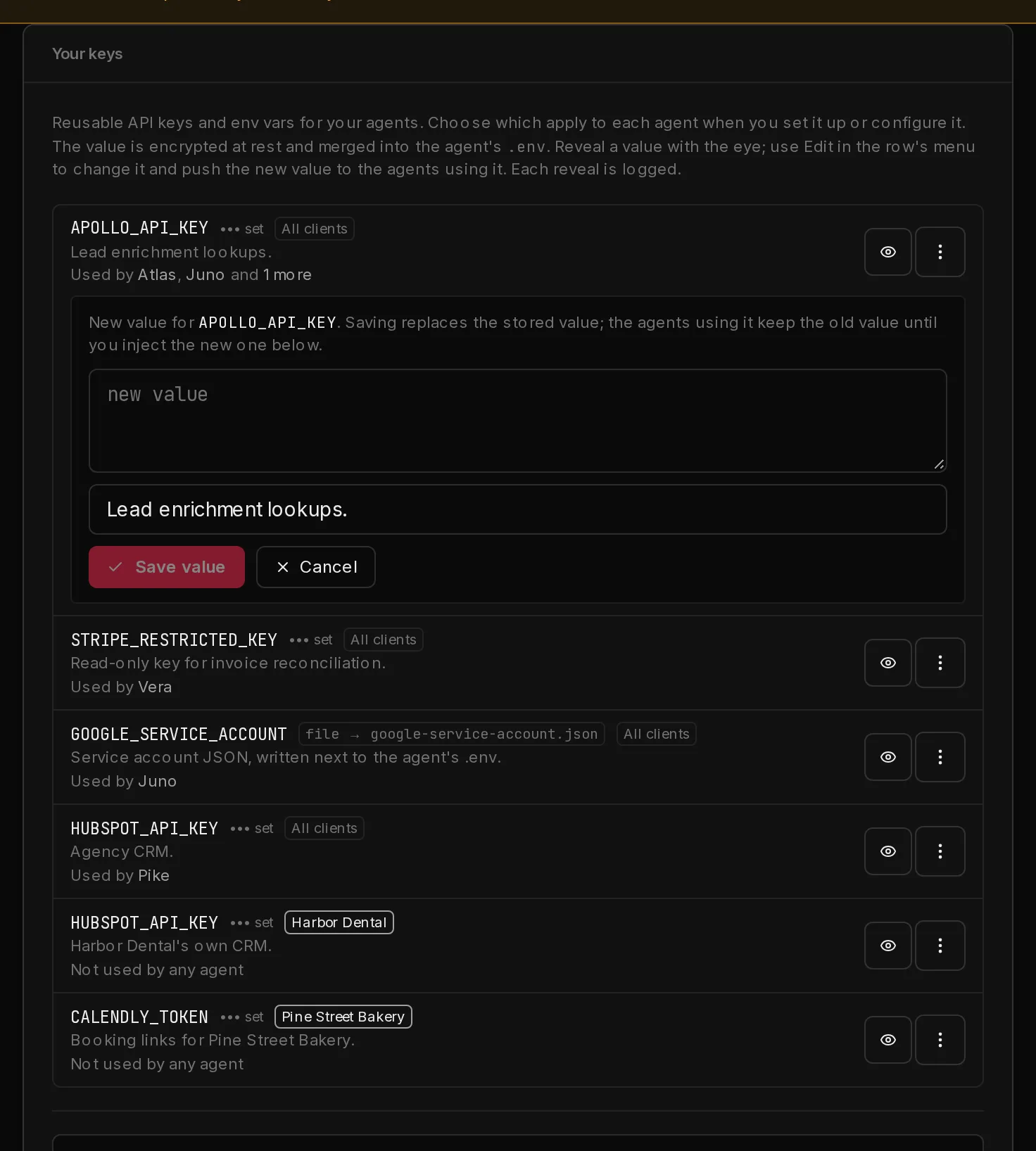 A saved key opened for editing, with a box for the new value, an optional description, and the Save value button.