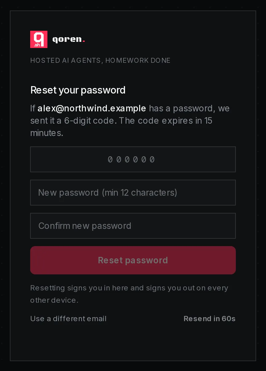 The second step of Reset your password: the 6-digit code box, New password and Confirm new password fields, the Reset password button, and Resend code with its countdown.
