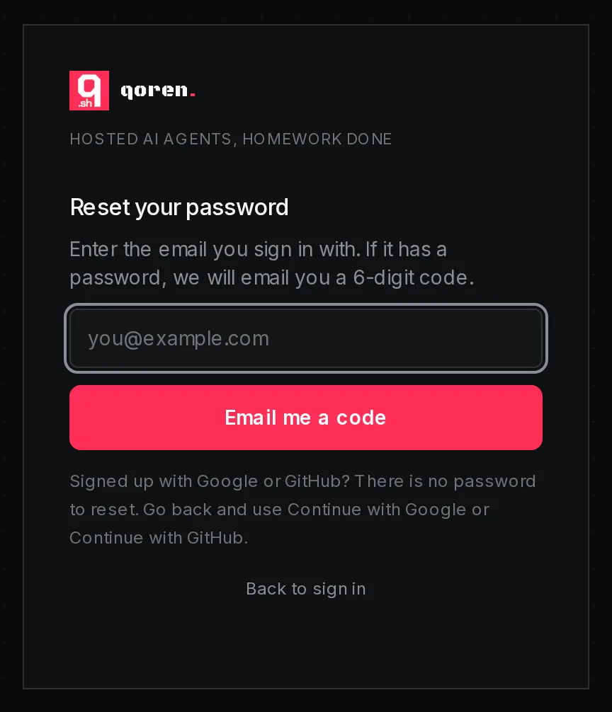 The Reset your password card: an email field, the Email me a code button, a note for Google and GitHub accounts, and Back to sign in.