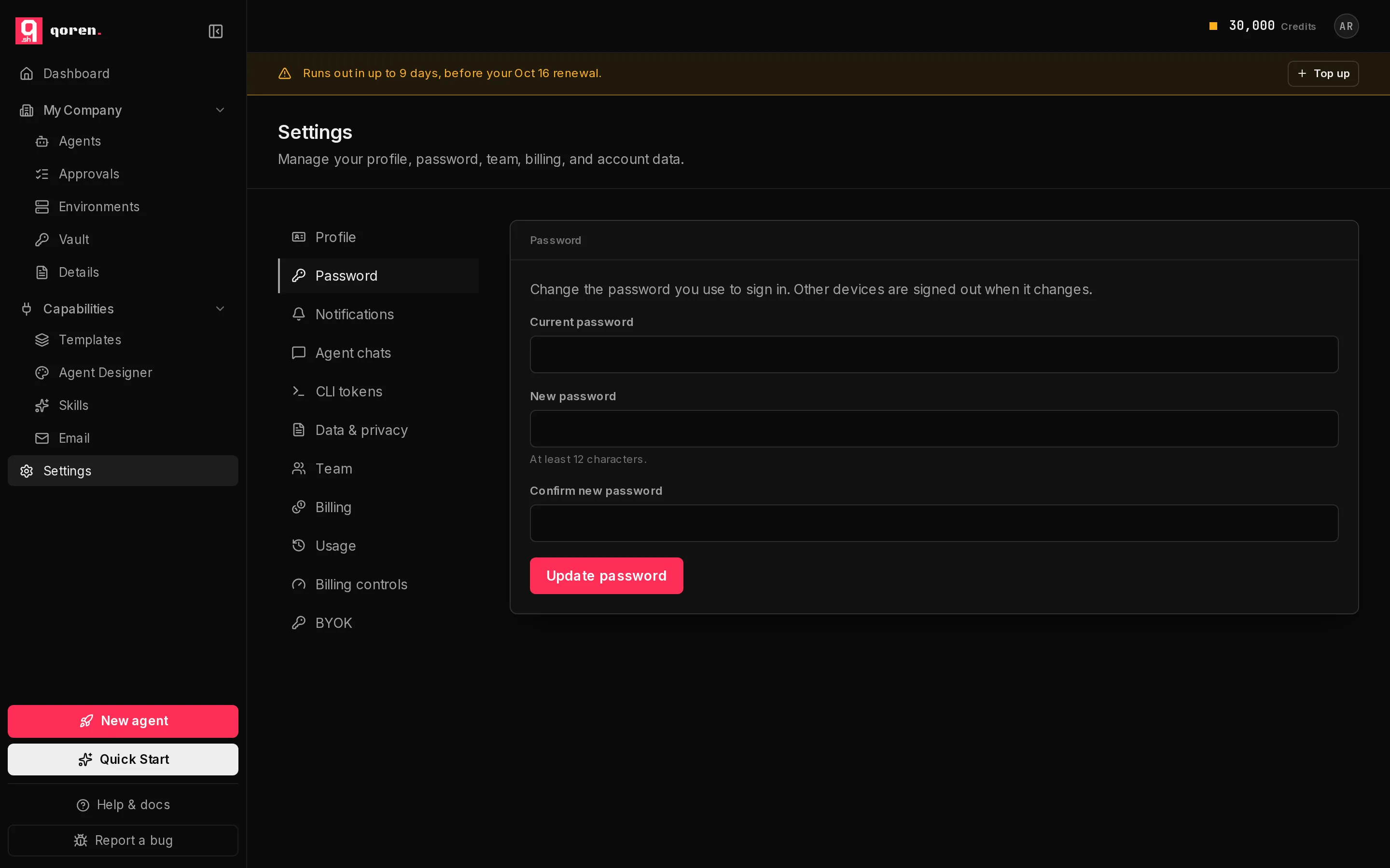 The Settings page with its sections listed down the left (Profile, Password, Notifications, Agent chats, CLI tokens, Data & privacy, Team, Billing, Usage, Billing controls, BYOK) and the Password card open.