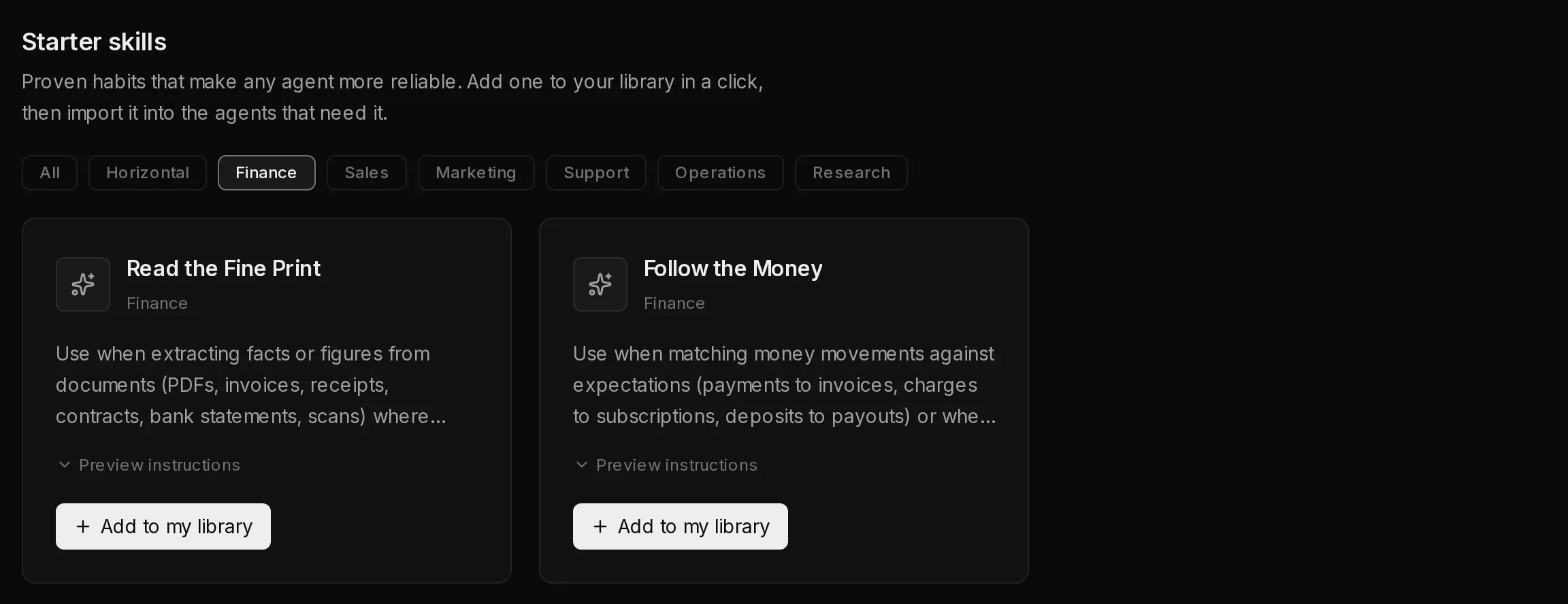 The Starter skills catalog filtered to Finance: category filters and cards with Preview instructions and Add to my library.