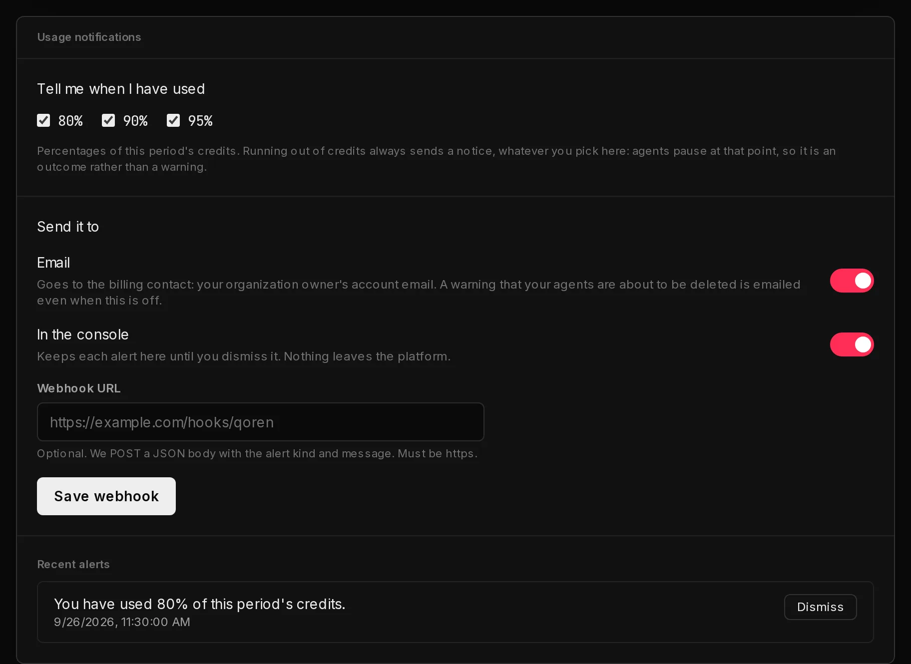 The Usage notifications card: checkboxes for 80, 90 and 95 percent, switches for Email and In the console, a Webhook URL field, and a recent alert.
