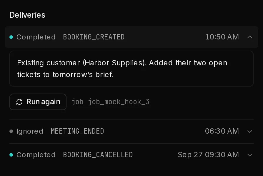 The Deliveries log of a trigger with one delivery opened, showing the agent's summary and the Run again button, above an ignored delivery.