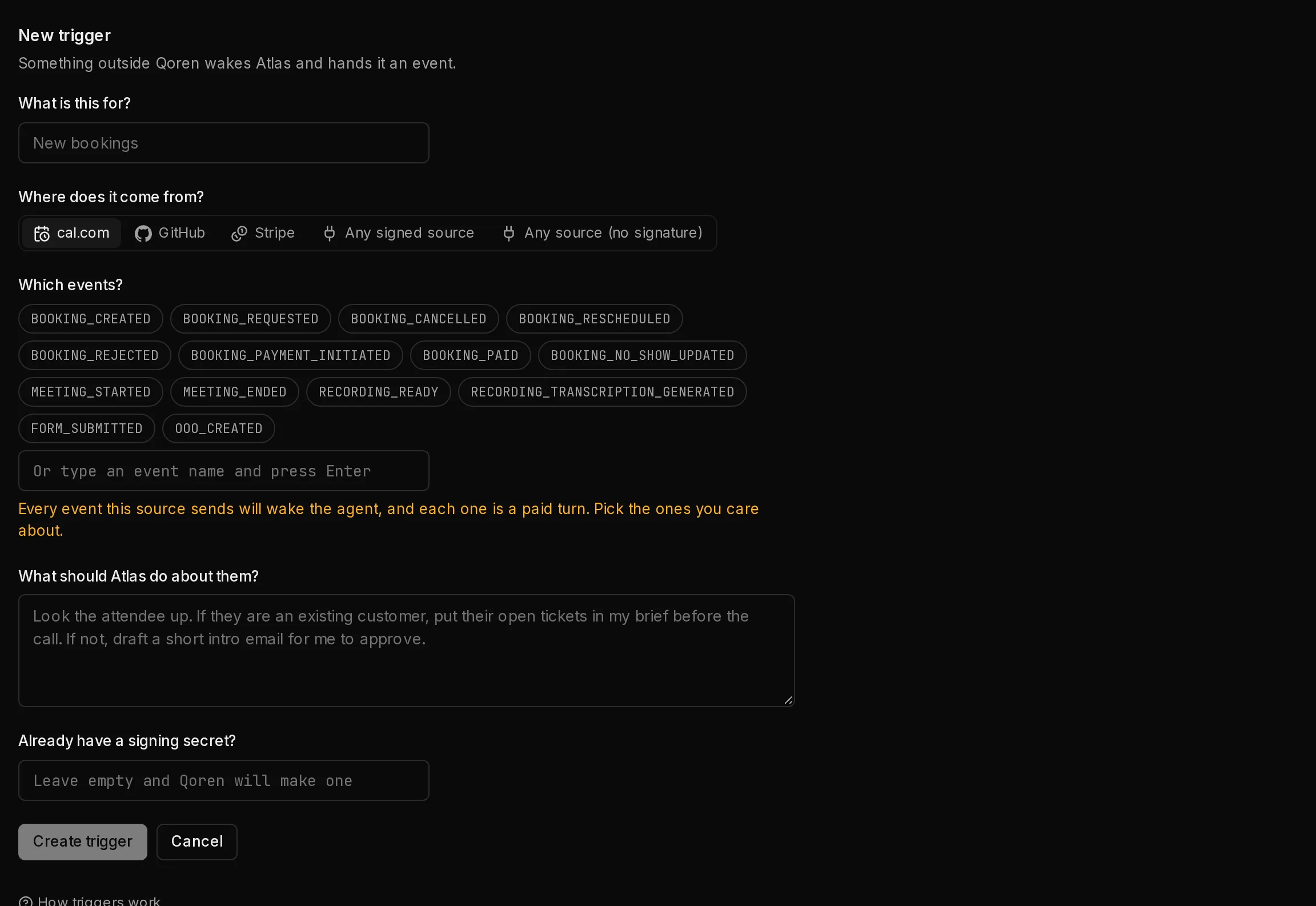 The New trigger form: a name, the source picker, the event picker, the rules for the agent, an optional signing secret and the Create trigger button.