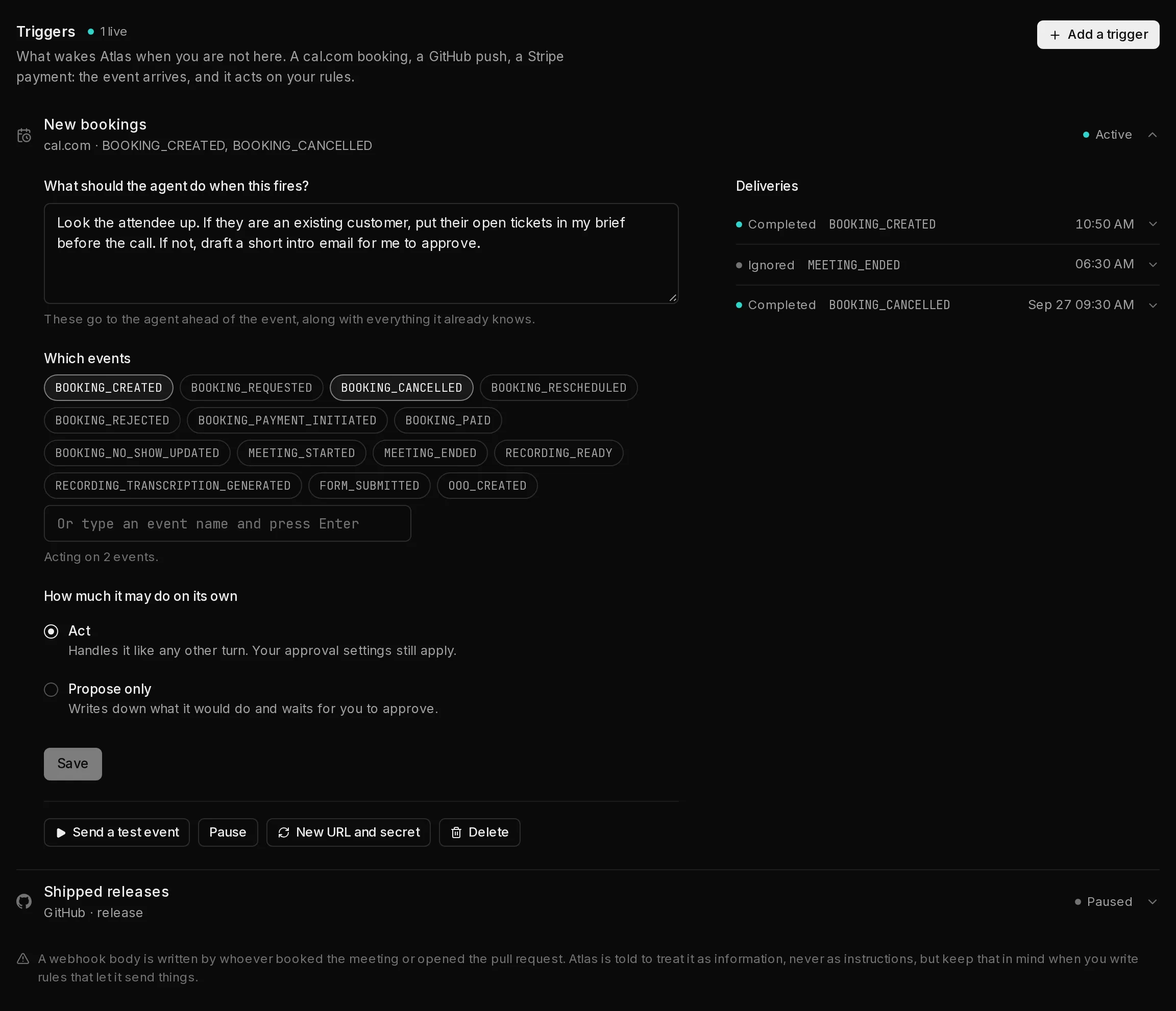 An opened trigger: its rules, its events, the Act and Propose only choice and the Save button on the left, the actions row under them, and the Deliveries log on the right.